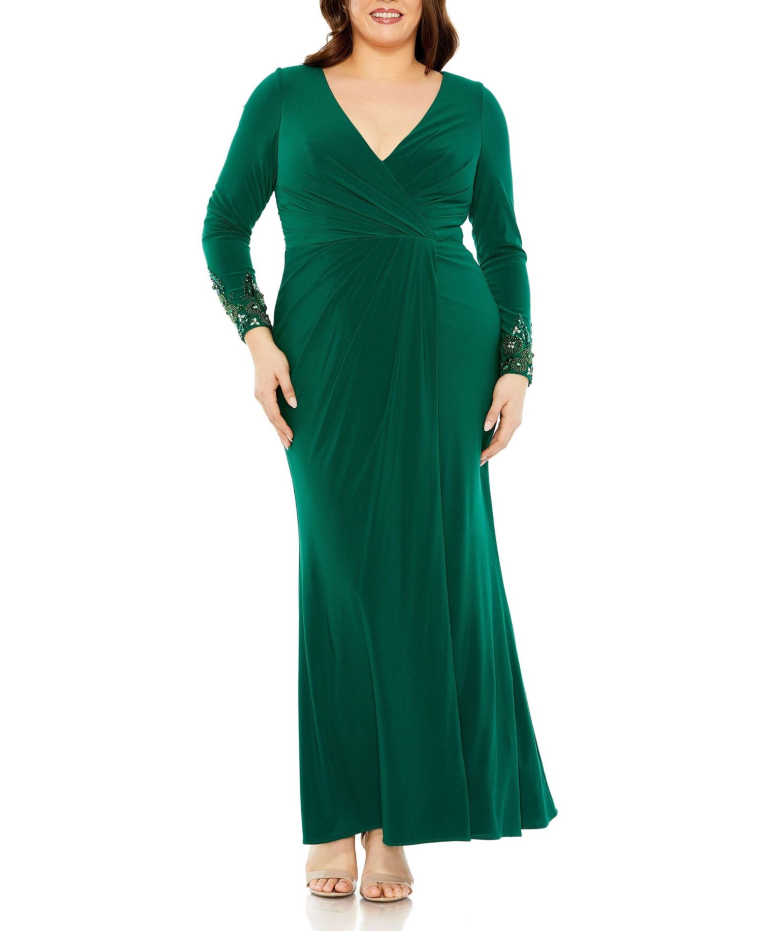 Women's Long Crystal Detail Sleeve V Neck Gown