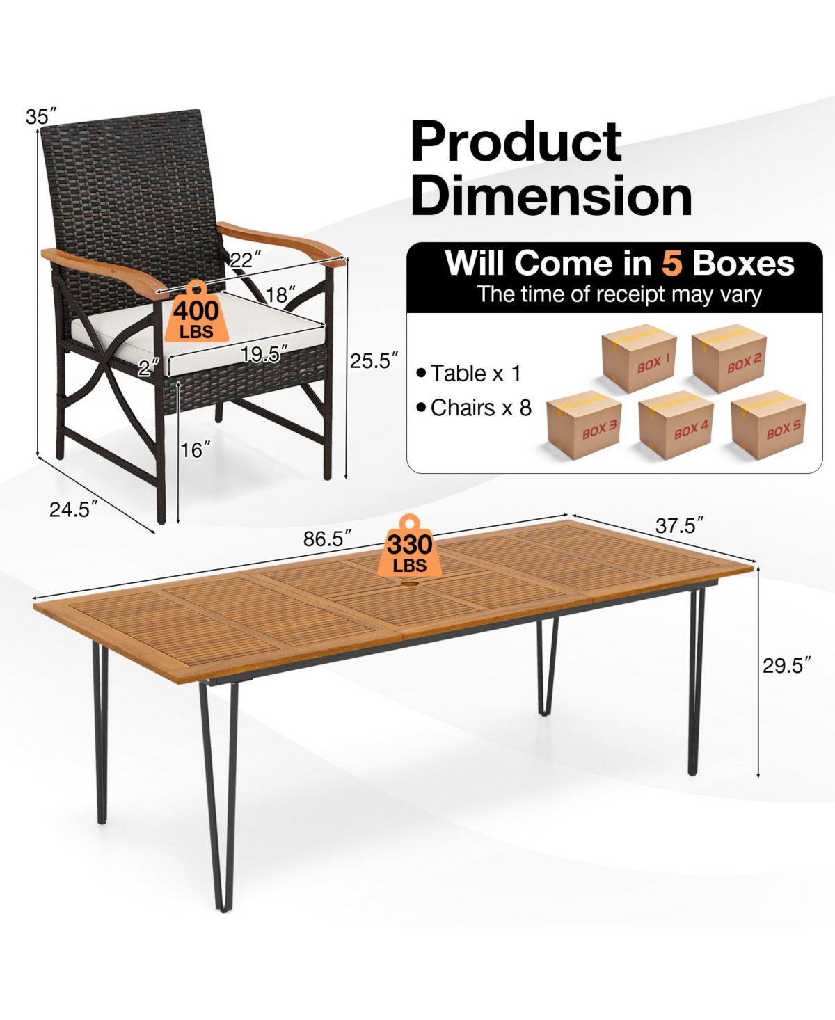 Wicker Patio Furniture Set of 8 Armchairs with Soft Cushions and Acacia Wood Square Table