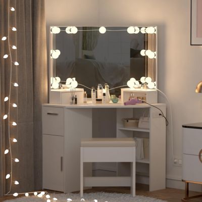 1 PC solid wood Vanity Mirror with Lights and Table Set & Power Outlet Vanity Nightstands