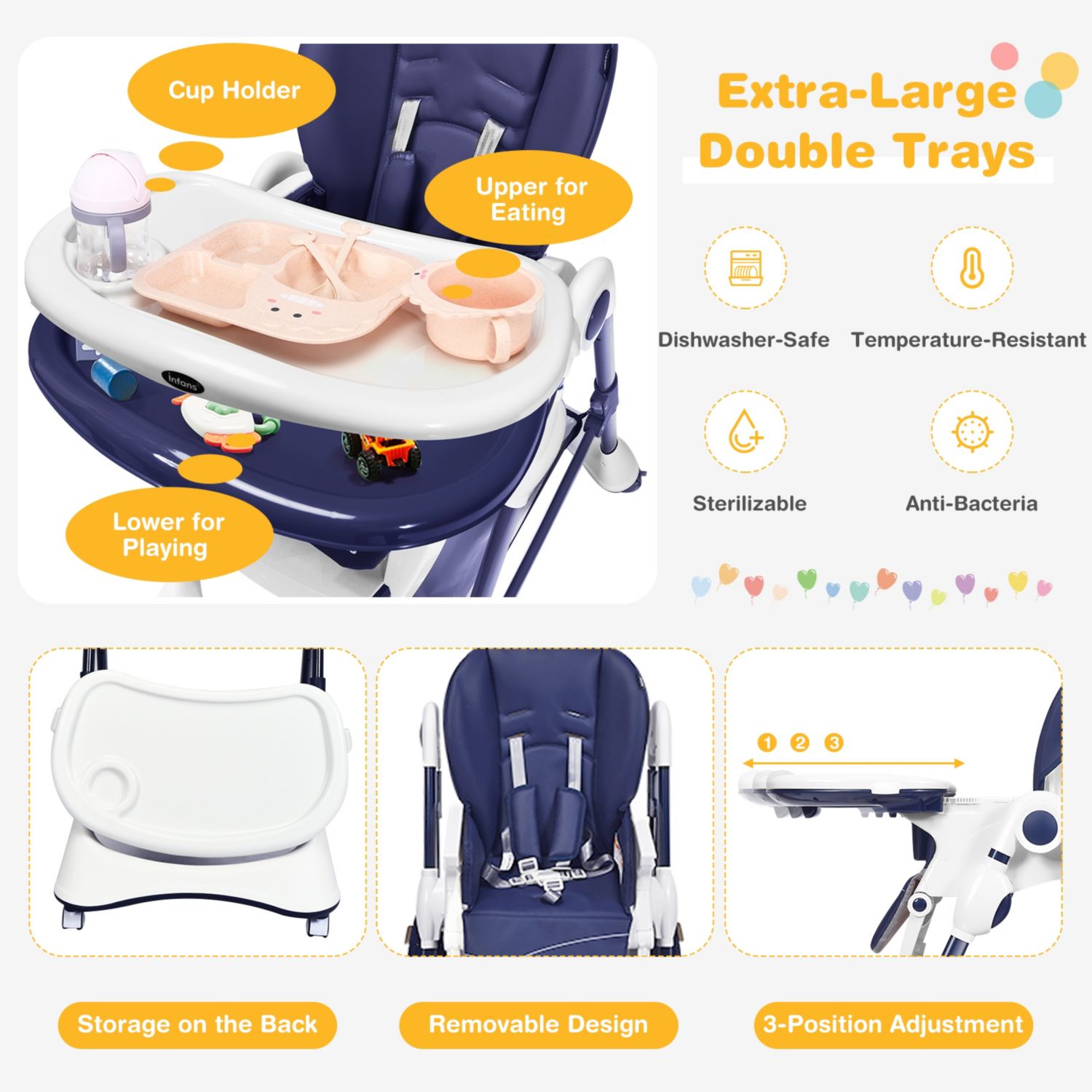 Adjustable Baby High Chair with Lockable Wheels and Tray