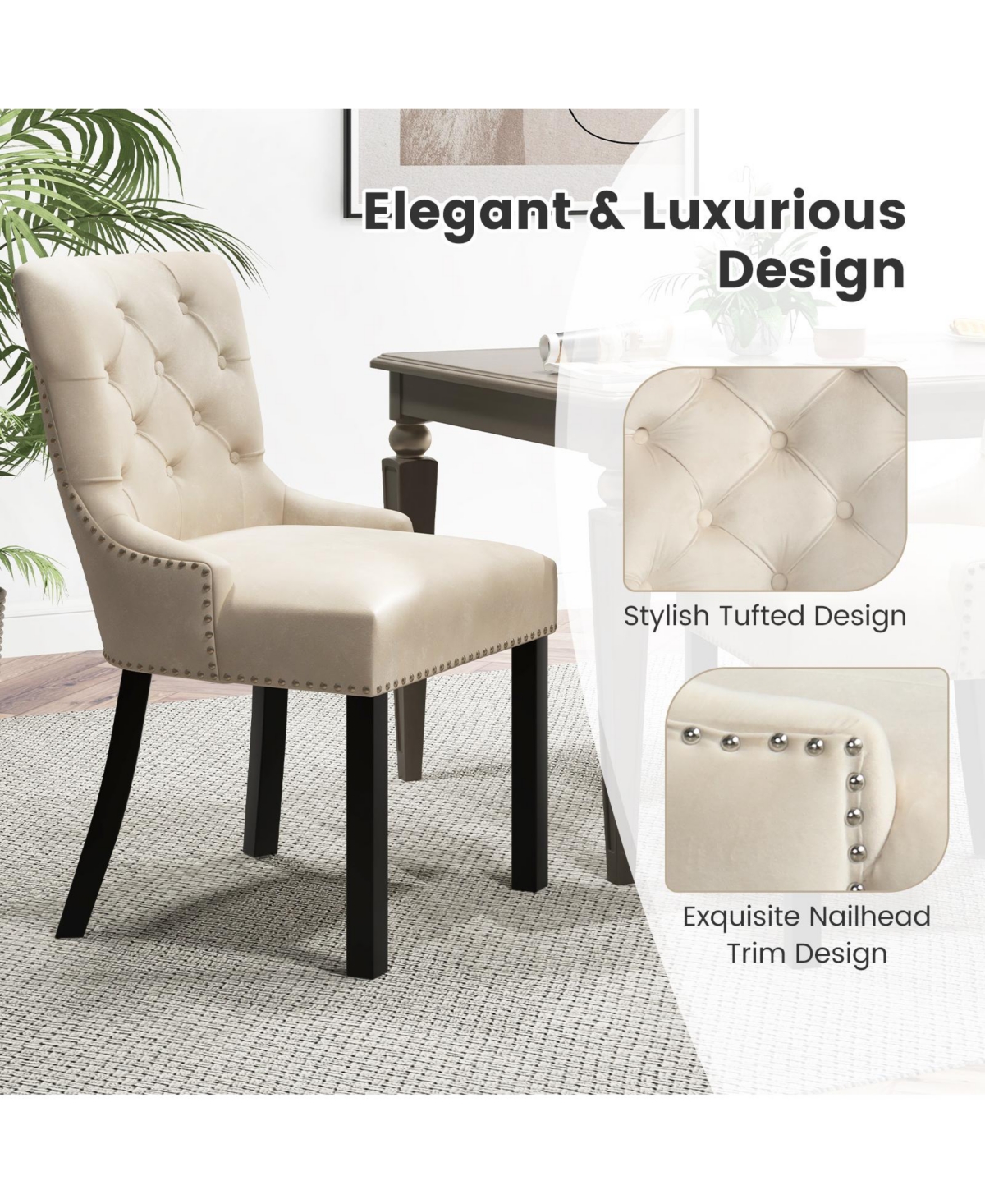 Gouun Upholstered Dining Chairs Set of 2 Tufted Wingback Chairs with Rubber Wood Legs -Khaki