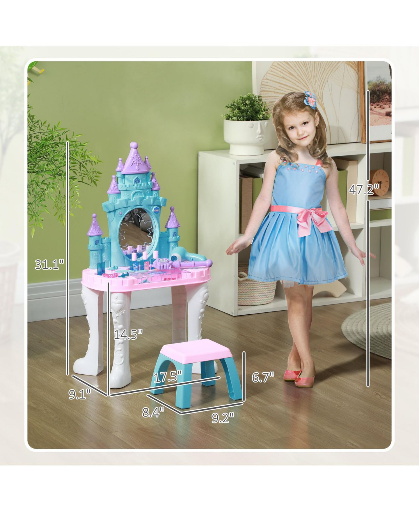 Детские игрушки Qaba Kids Vanity Set with Mirror and Stool, Light, Music, Castle Design, цвет: Разноцветный — фото 3