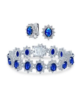 Ruby Red Jewelry Set Vintage Style Crown Halo CZ Statement Bracelet with Clip On Earrings
