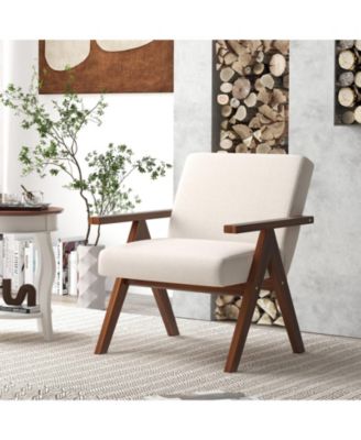 Modern Accent Chair Linen Fabric Armchair with Solid Acacia Wood Frame
