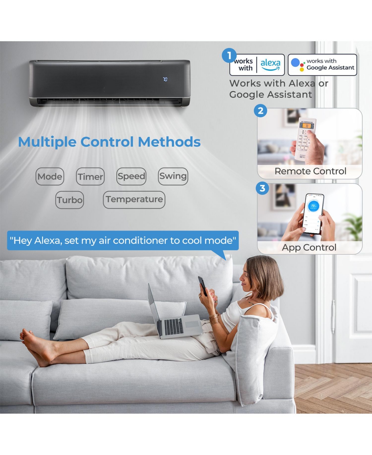 Gouun Energy Star Certified 12000 Btu 21 SEER2 208-230V Mini Split Air Conditioner and Heater - 21