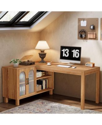 59-Inch L Shaped Computer Desk with Cabinet, Farmhouse Corner Desk with Storage Shelves, L Shaped Executive Desk, Long Writing Desk for Home Office, Gaming