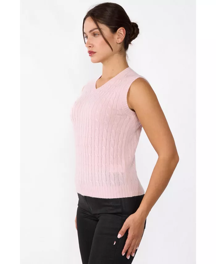Women's 100% Cashmere V Neck Cable-knit Sweater Vest - thumbnail 2