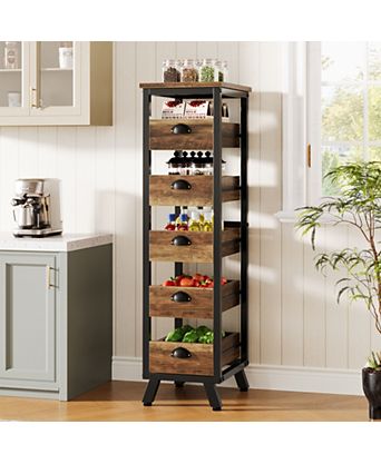 Wood Fruit and Vegetable Storage Rack, 5-Tier Narrow Snack Stand Fruit Basket Kitchen Stand, Pull-Out Utility Organizer for Kitchen