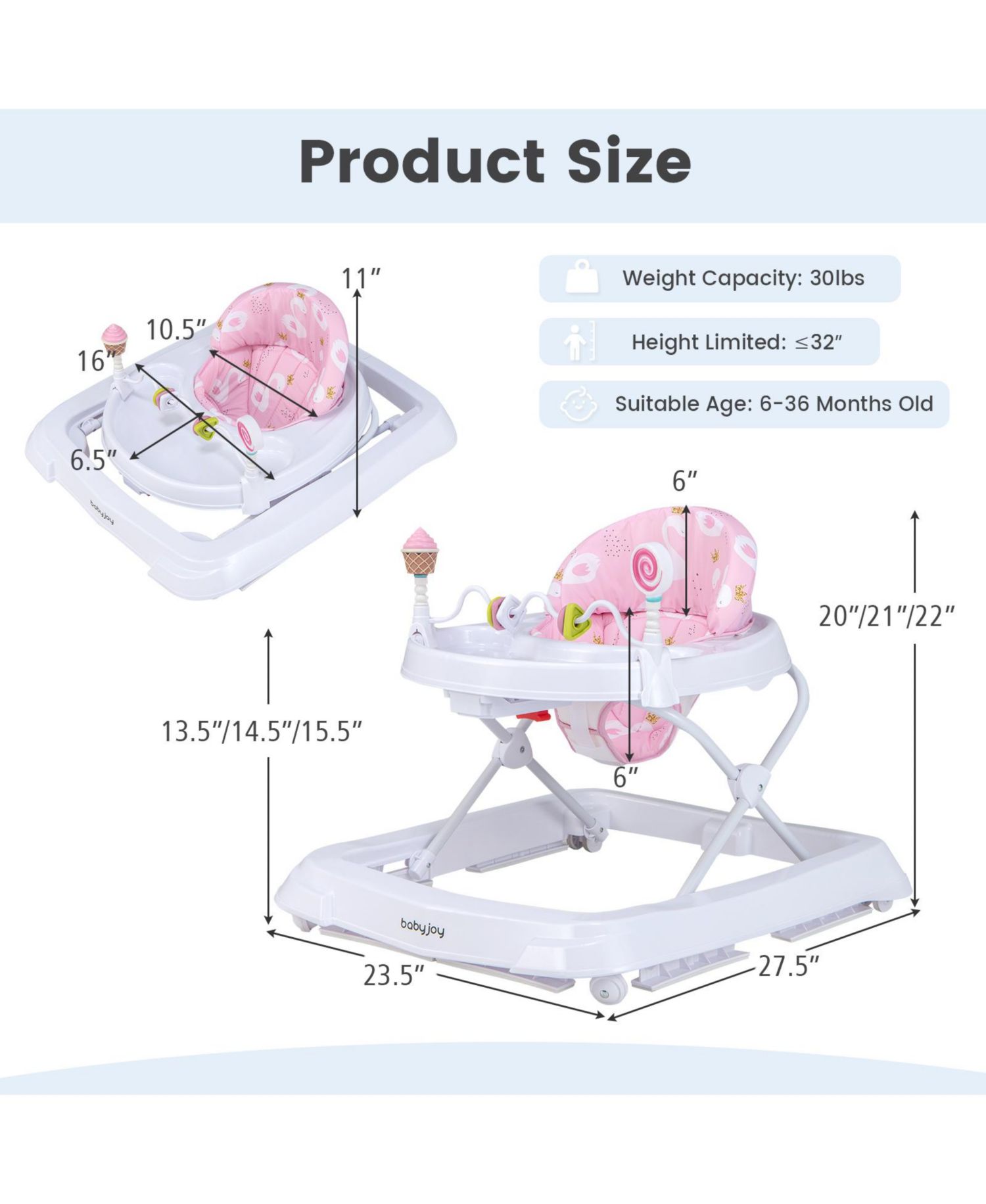 Foldable Baby Activity Walker with Adjustable Height and Detachable Seat Cushion
