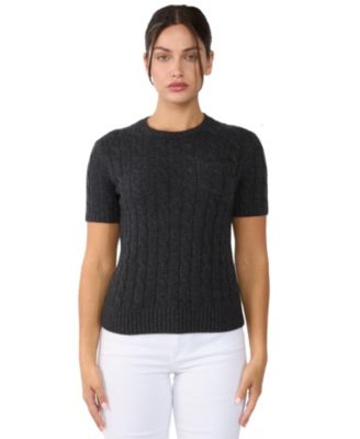 Women's 70% Wool 30% Cashmere Chuncky Cable-knit Crewneck Short Sleeve Sweater