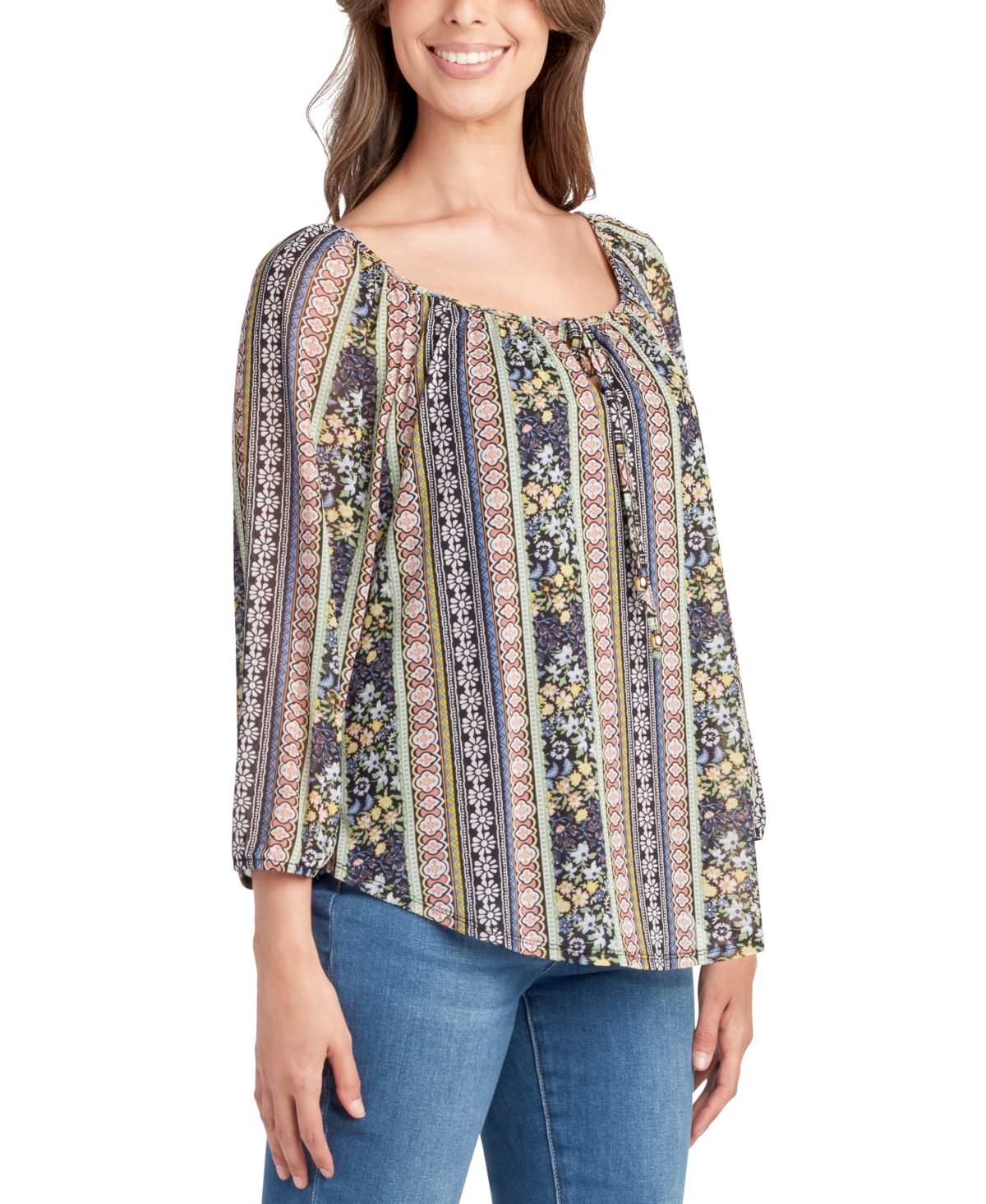 Bcx Juniors' Printed-mesh Peasant 3/4-sleeve Top In Pat G