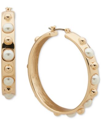 Anne Klein - Gold-Tone Imitation Pearl & Polished Bead Medium Hoop Earrings, 1.44"