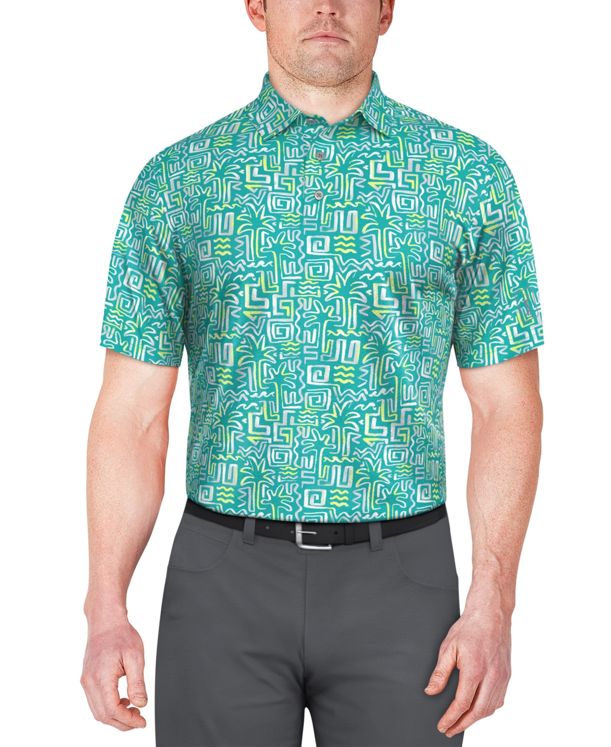 Men's Palm-Print Performance Golf Polo Shirt - Scuba Blue