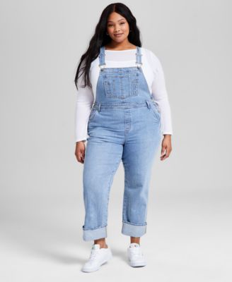 Now This Trendy Plus Size Solid Boat Neck Long Sleeve Layered Top Cuffed Denim Overalls Exclusively At Macys