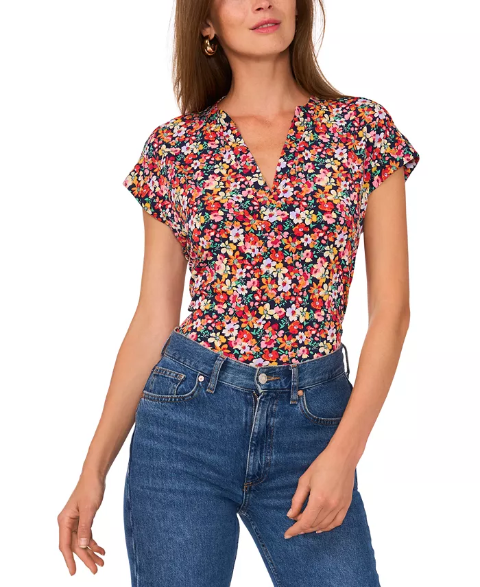 Women's Floral-Print Split-Neck Cap-Sleeve Top