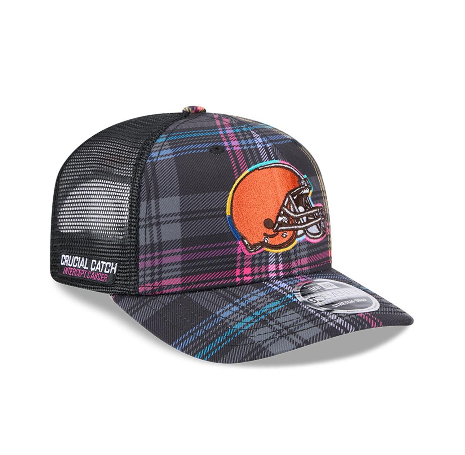 Men's Black Cleveland Browns 2024 NFL Crucial Catch Plaid 9SEVENTY Trucker Snapback Hat