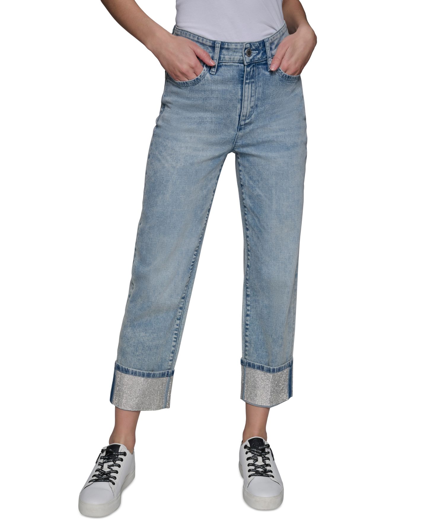 Женские джинсы KARL LAGERFELD PARIS Petite Crystal-Cuff Cropped Jeans, цвет: Ледяной синий — фото 3
