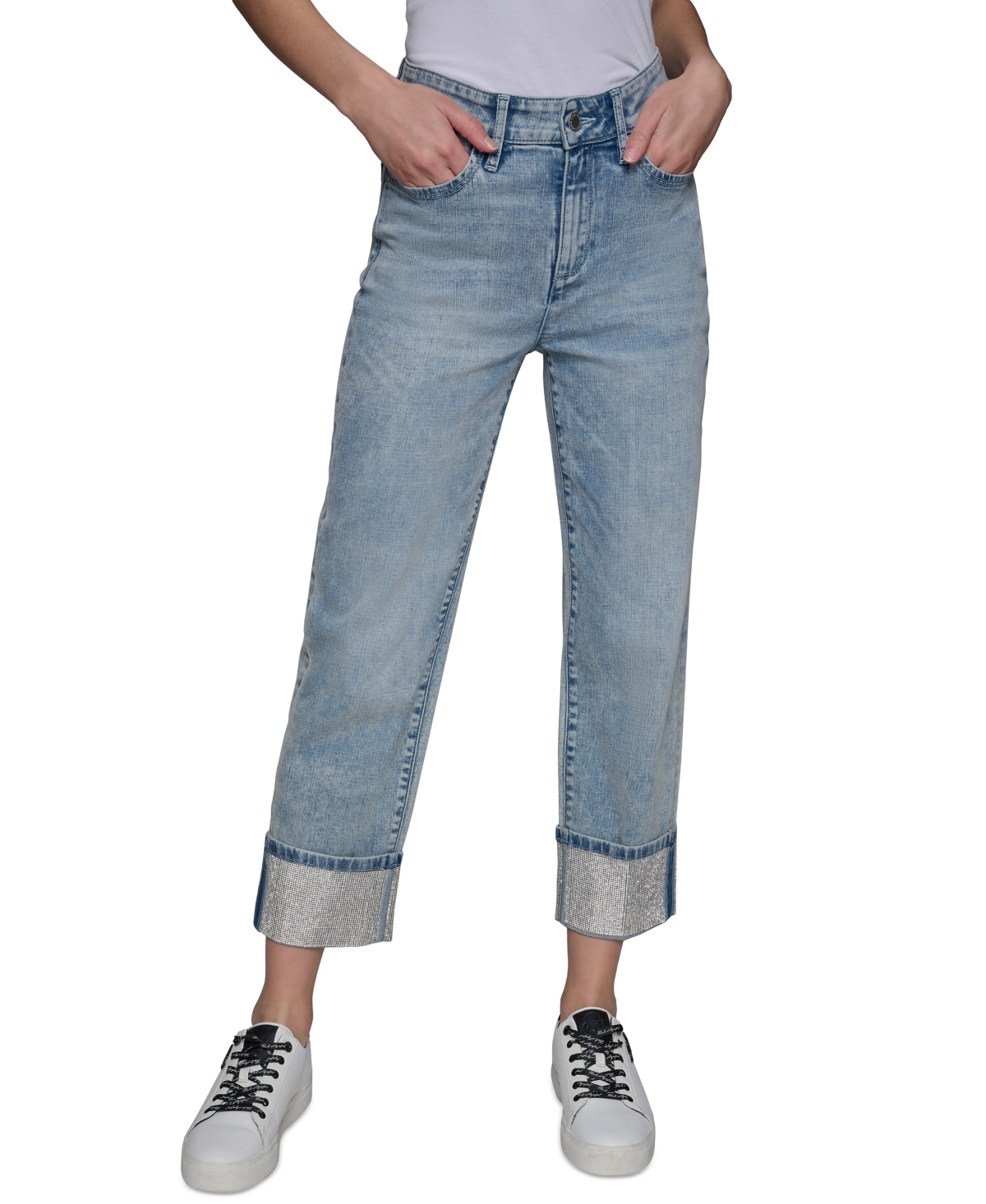 Shop Karl Lagerfeld Petite Crystal-cuff Cropped Jeans In Ice Blue Wash