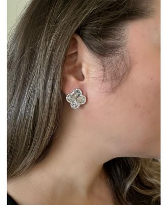 Rhodium Satin Finish Cubic Zirconia Clover Stud Earrings