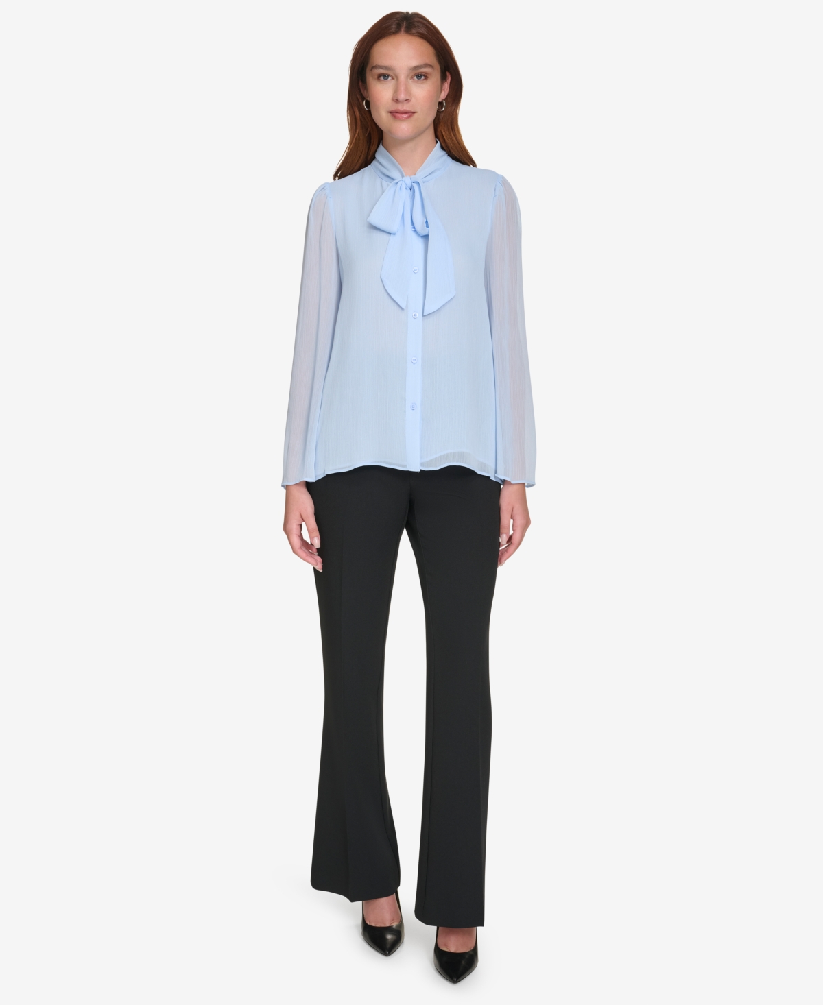 Calvin Klein Women's Long Sleeve Tie-neck Chiffon Blouse In Sky