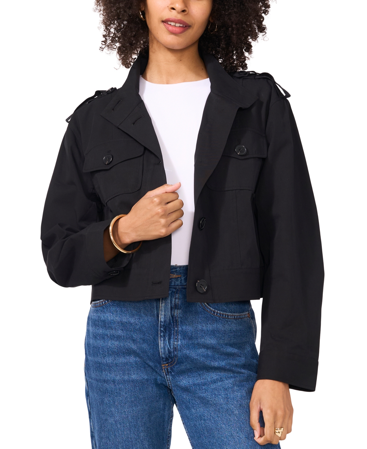 Shop Vince Camuto Women's Button-front Cropped Jacket In Rich Black
