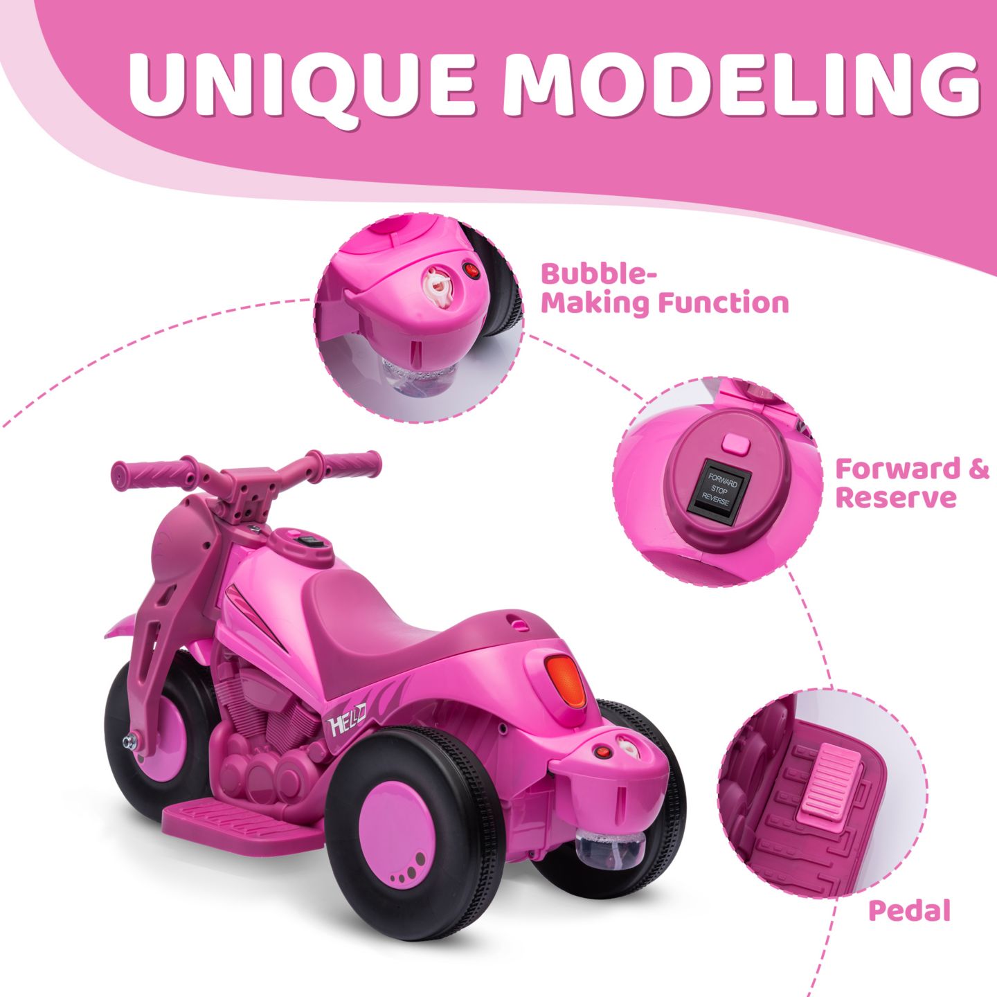 Детская игрушка Qaba Ride-On Motorcycle with 6V Battery, Bubble & Music, 66 lb Capacity, Ages 2+, цвет: Розовый — фото 7