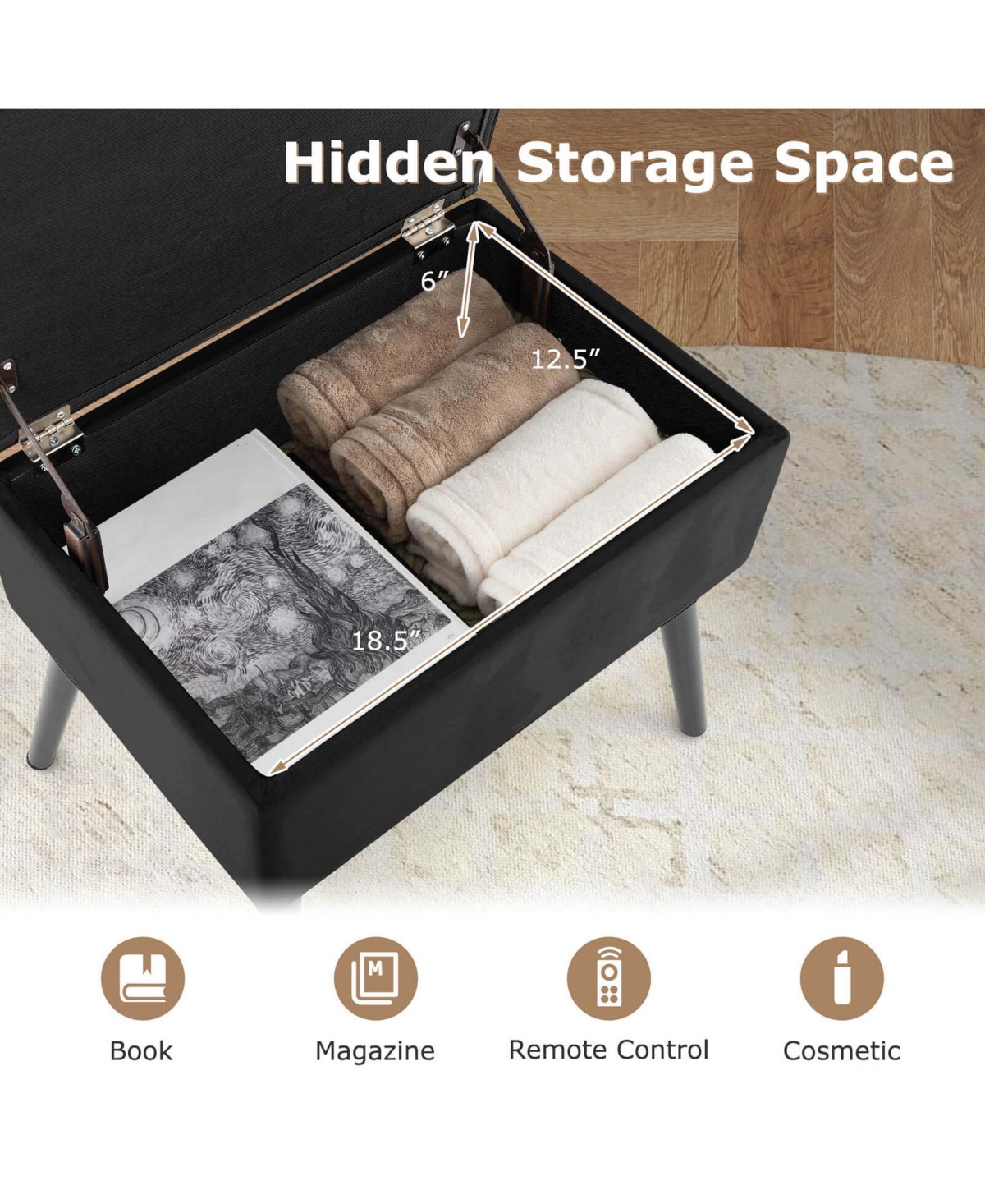 Costway 2 Pcs Velvet Vanity Stool Ottoman with Storage Solid Wood Legs Flip-Up Top