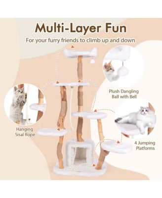 66" Tall Solid Wood Cat Tree with Perch Condo Jute Scratching Posts Sisal Rope