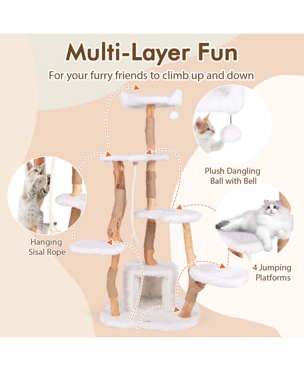 Costway Tall Solid Wood Cat Tree with Perch Condo Jute Scratching Posts Sisal Rope