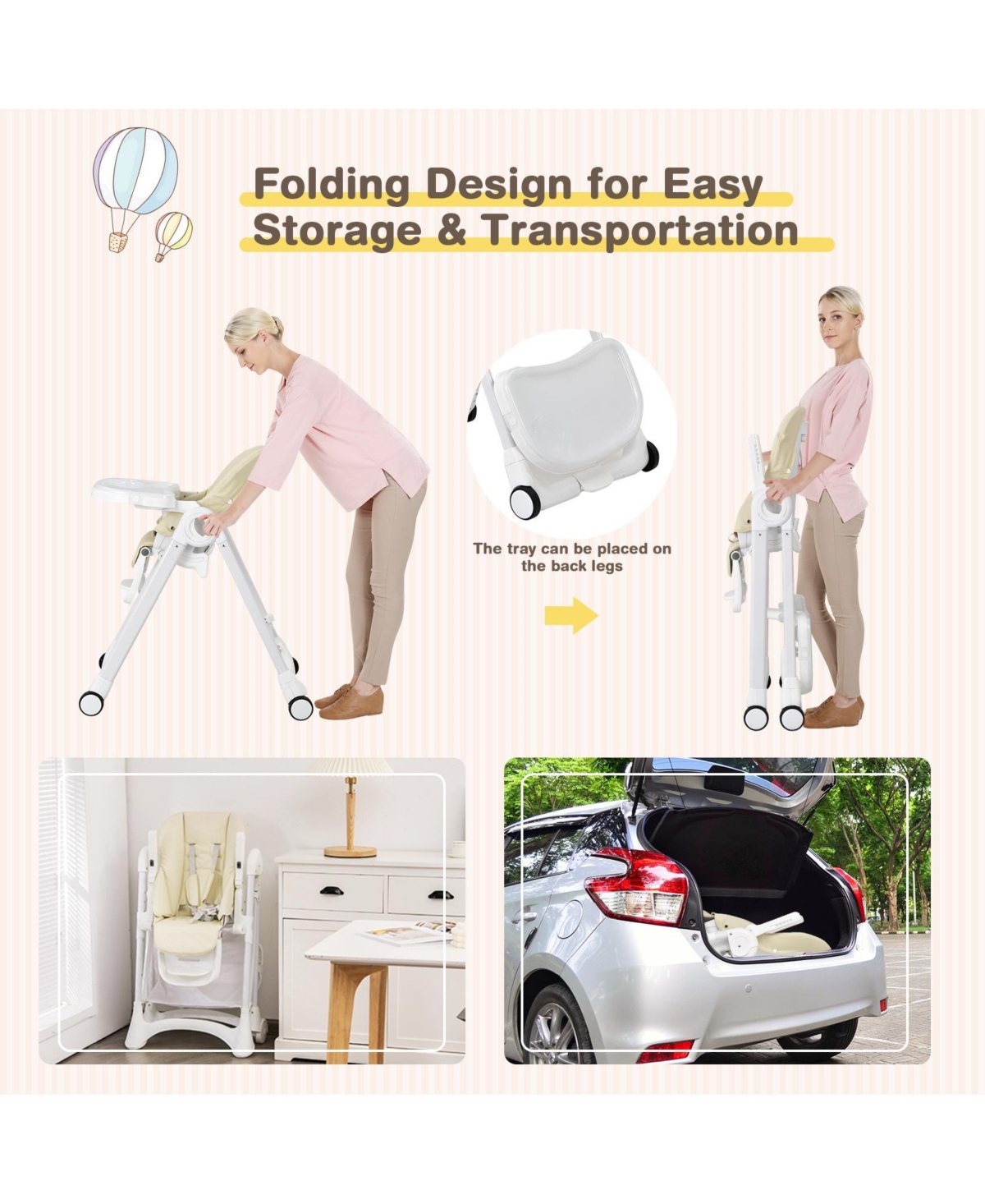 Gouun Baby Convertible Folding Adjustable High Chair with Wheel Tray Storage Basket -khaki