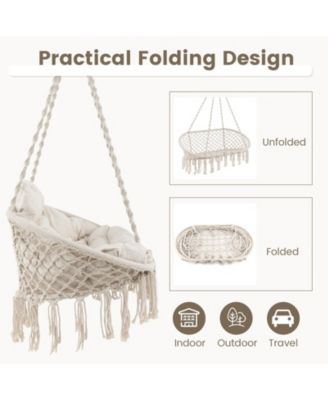 Hand-Woven Rope Hanging Chair with Thick Cushion and Folding Metal Frame