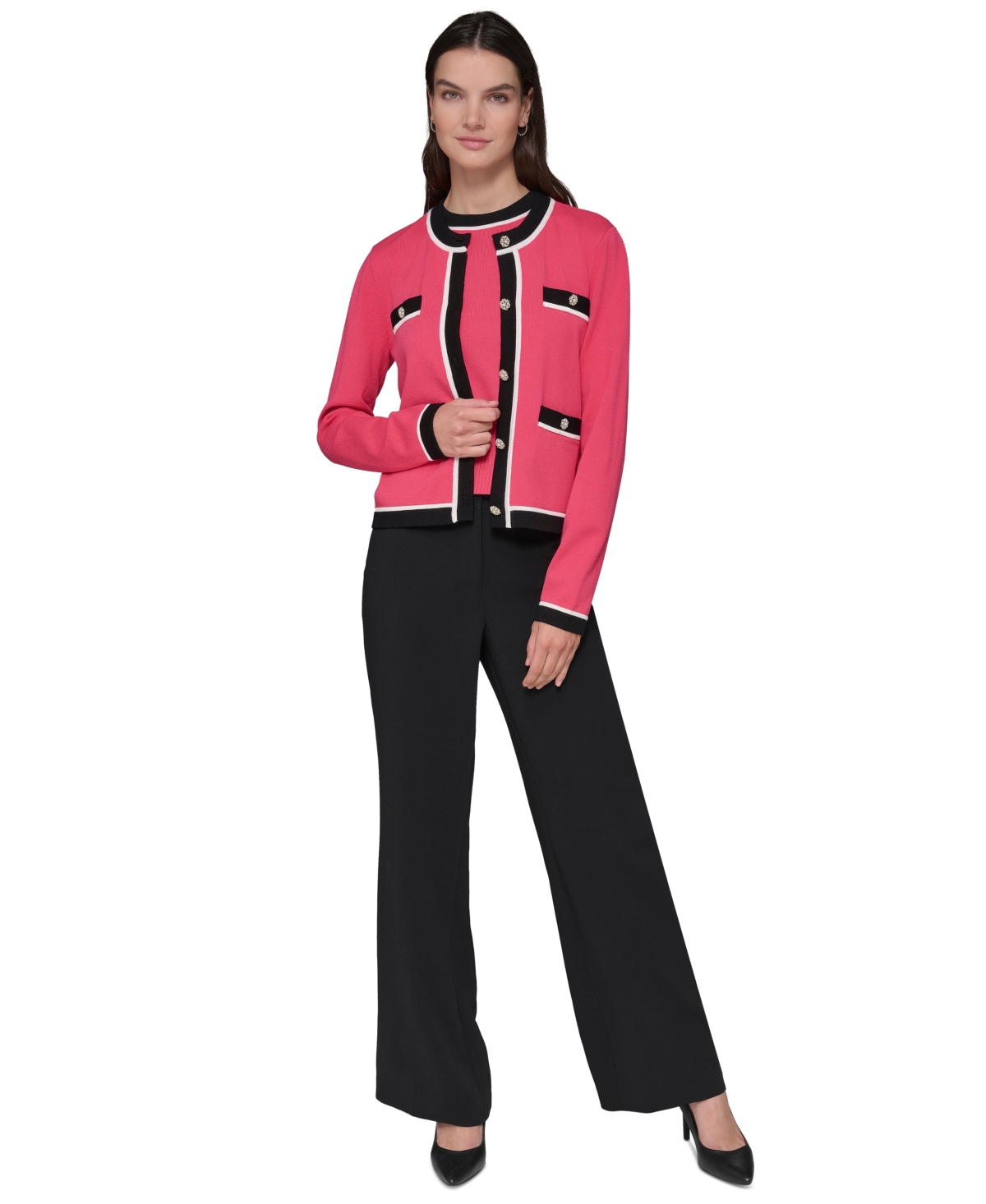 KARL LAGERFELD WOMEN'S FOUR-POCKET CREWNECK CARDIGAN 
