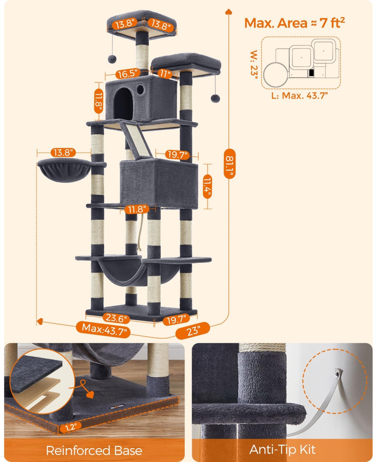 Slickblue 66.1-Inch Large Cat Tree Cat Tower with 13 Scratching Posts for Play and Climbing Fun