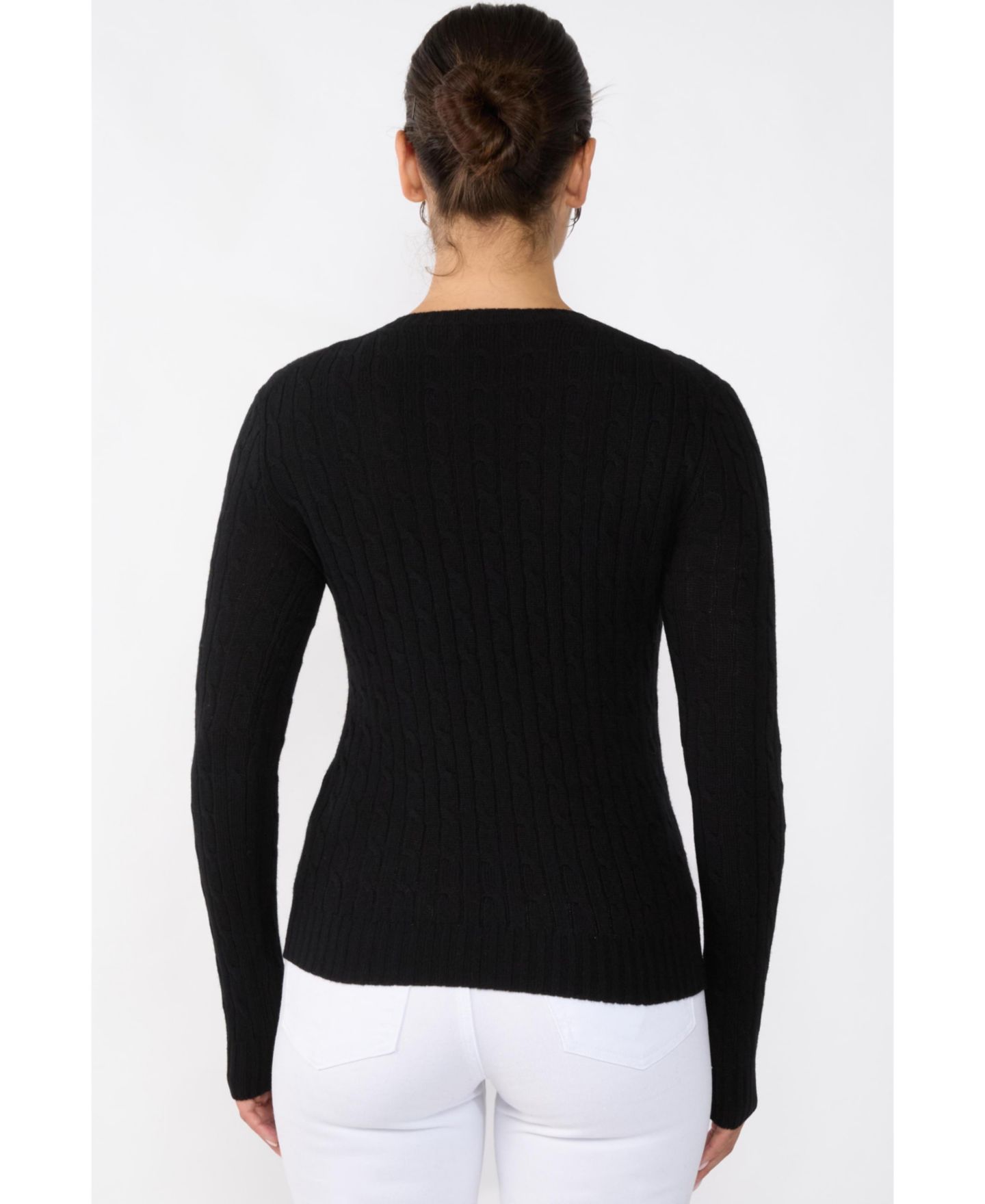 Женский свитер JENNIE LIU 100% Cashmere Cable-knit Long Sleeve Pullover Crew Neck, цвет: Чёрный — фото 2