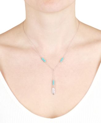 Simulated Turquoise Feather Lariat Necklace in Sterling Silver, 16" + 2" extender