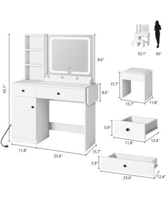 Vanity Desk with LED Lighted Mirror & Power Outlet, Makeup Vanity with Drawers & Cabinet & Chair