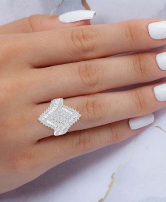 Cubic Zirconia Round & Baguette Cluster Statement Ring in Sterling Silver