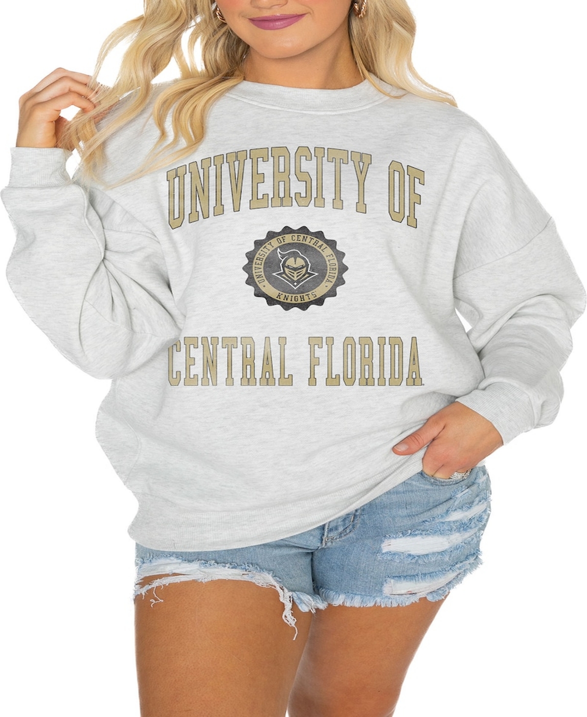 GAMEDAY COUTURE WOMEN'S STEEL UCF KNIGHTS GOOD VIBES PREMIUM FLEECE DROP SHOULDER PULLOVER SWEATSHIRT 