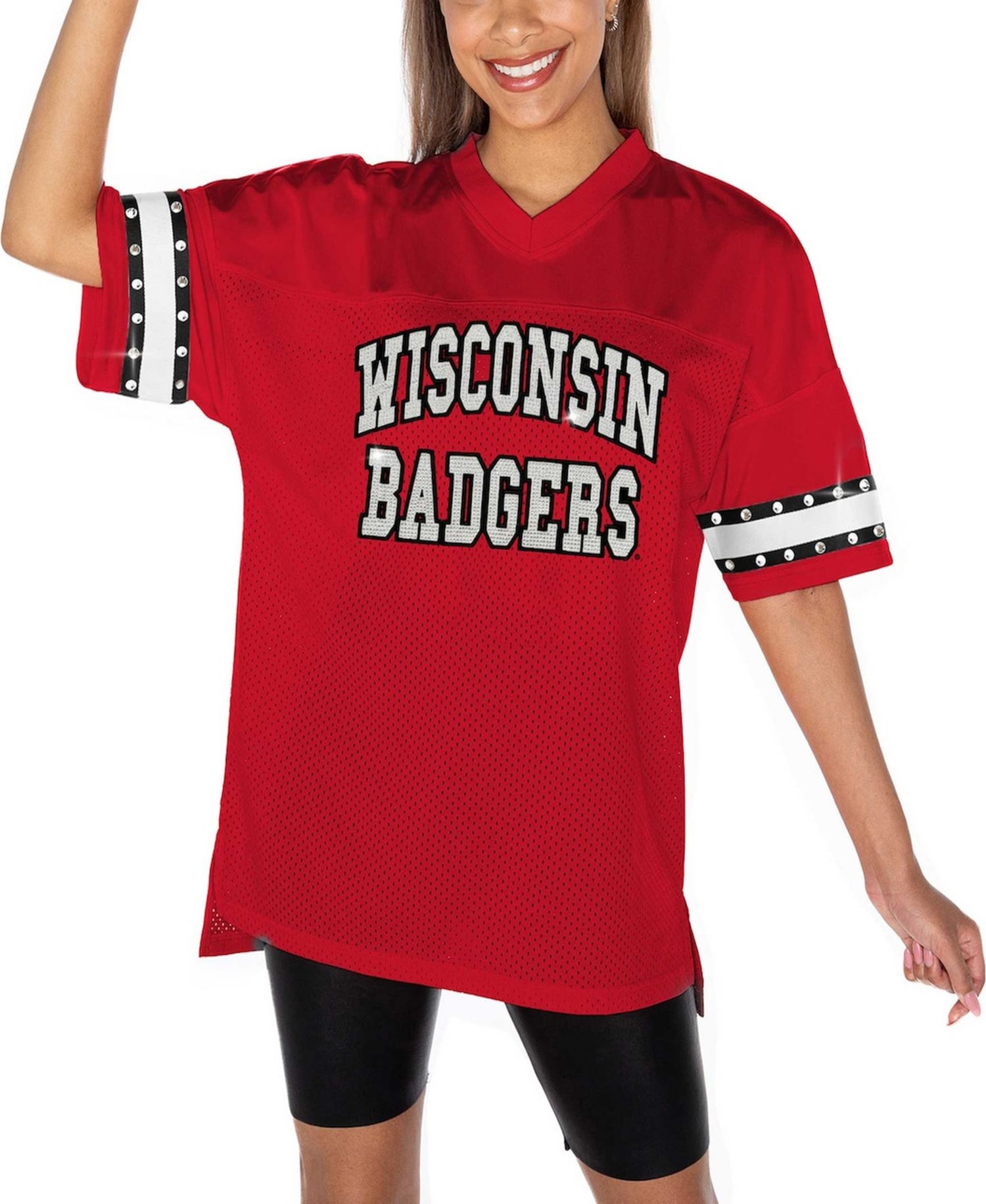 Women's Red Wisconsin Badgers Until Kickoff Rhinestone Fashion T-Shirt