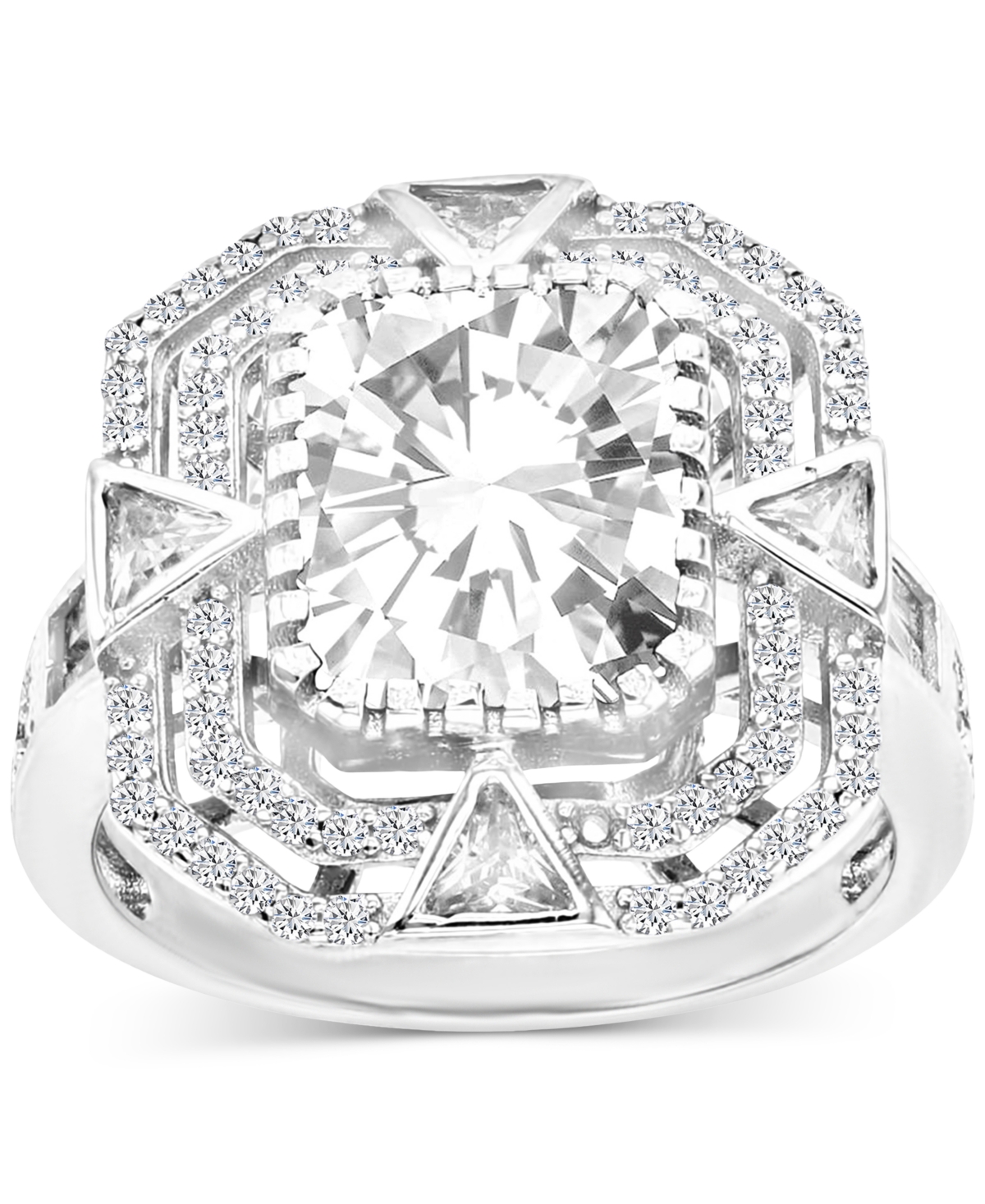 Macy's Cubic Zirconia Mixed Cut Double Halo Statement Ring In Sterling Silver In Rhodium