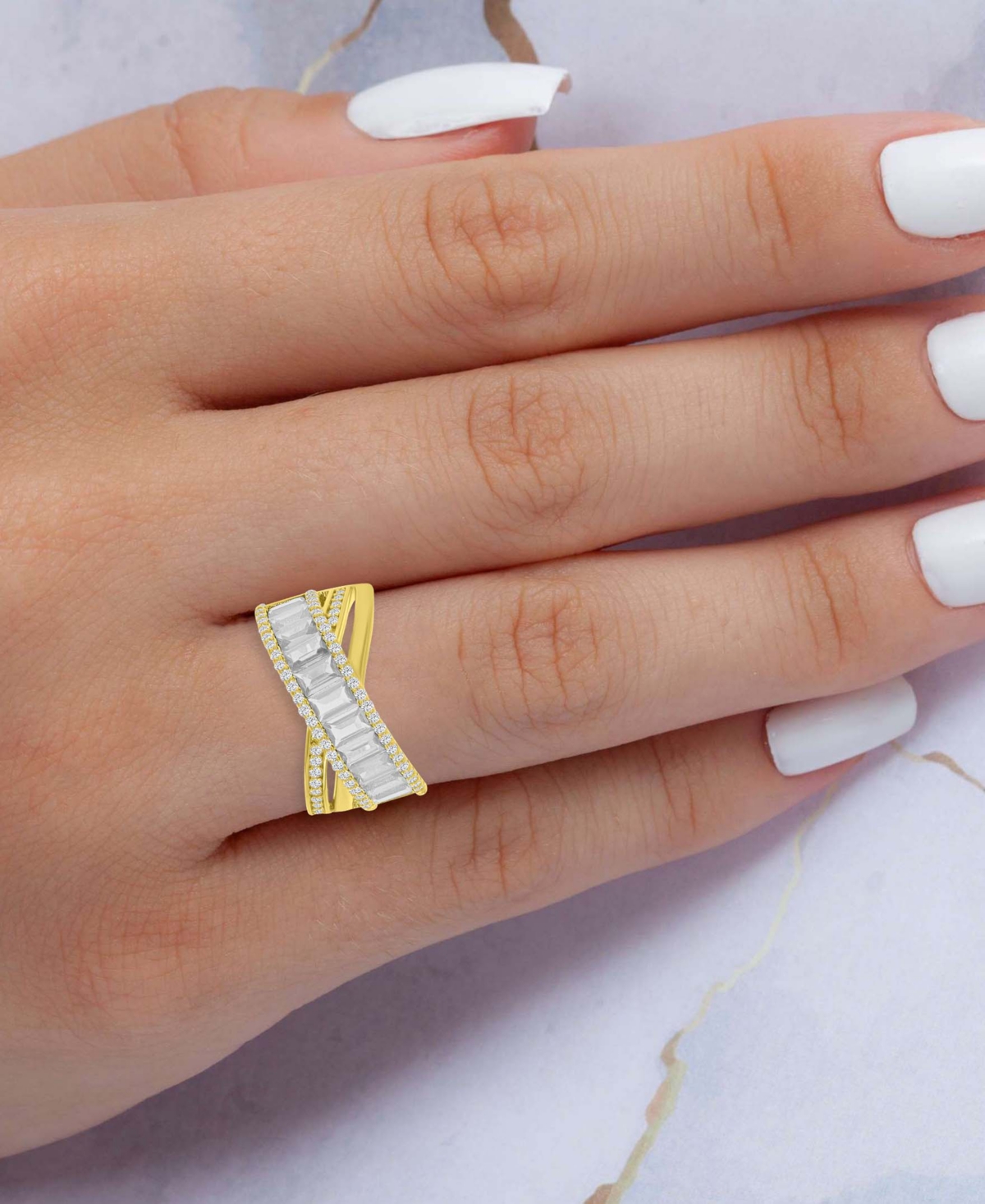 Macy's Simulated Emerald Nano & Cubic Zirconia Crossover Statement Ring In 14k Gold-plated Sterling Silver In White