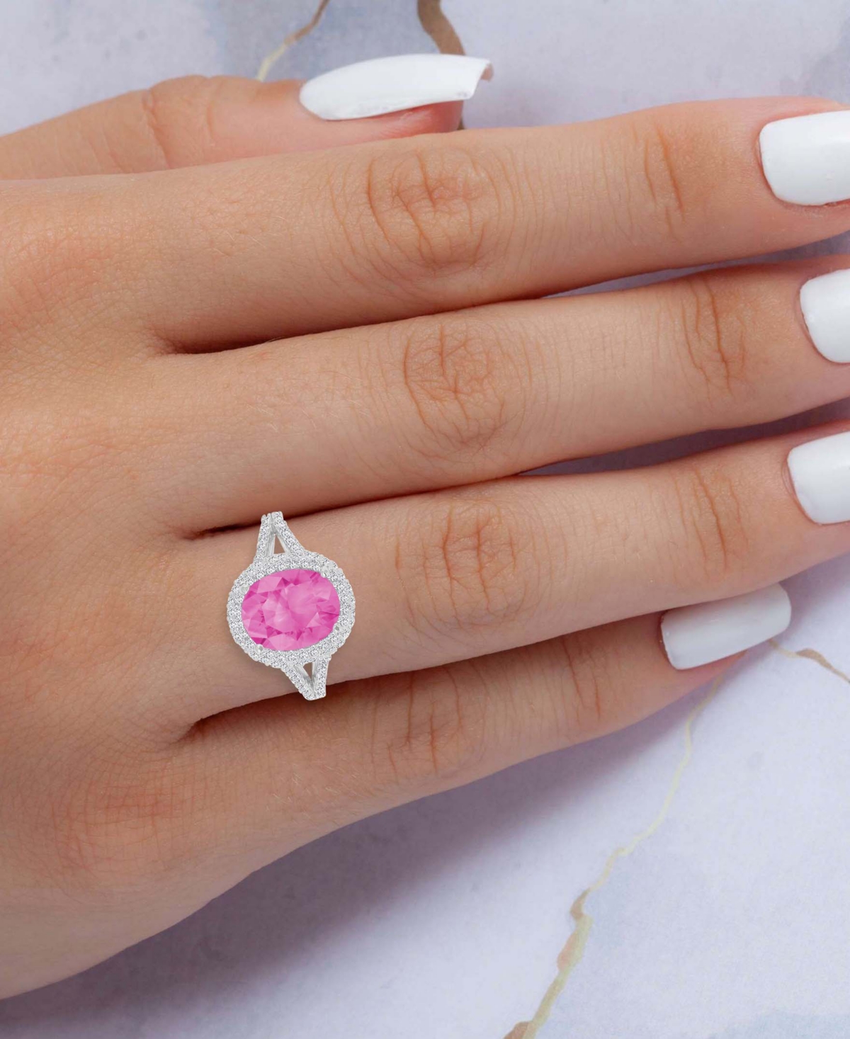 Macy's Pink & White Cubic Zirconia Oval Halo Split Shank Ring In Sterling Silver (also Available In Blue) In Pink