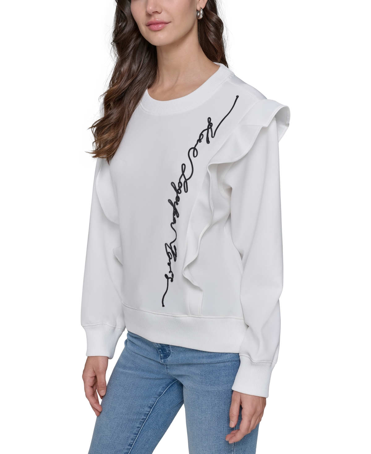 Shop Karl Lagerfeld Women's Ruffle Logo Crewneck Sweatshirt In Soft White