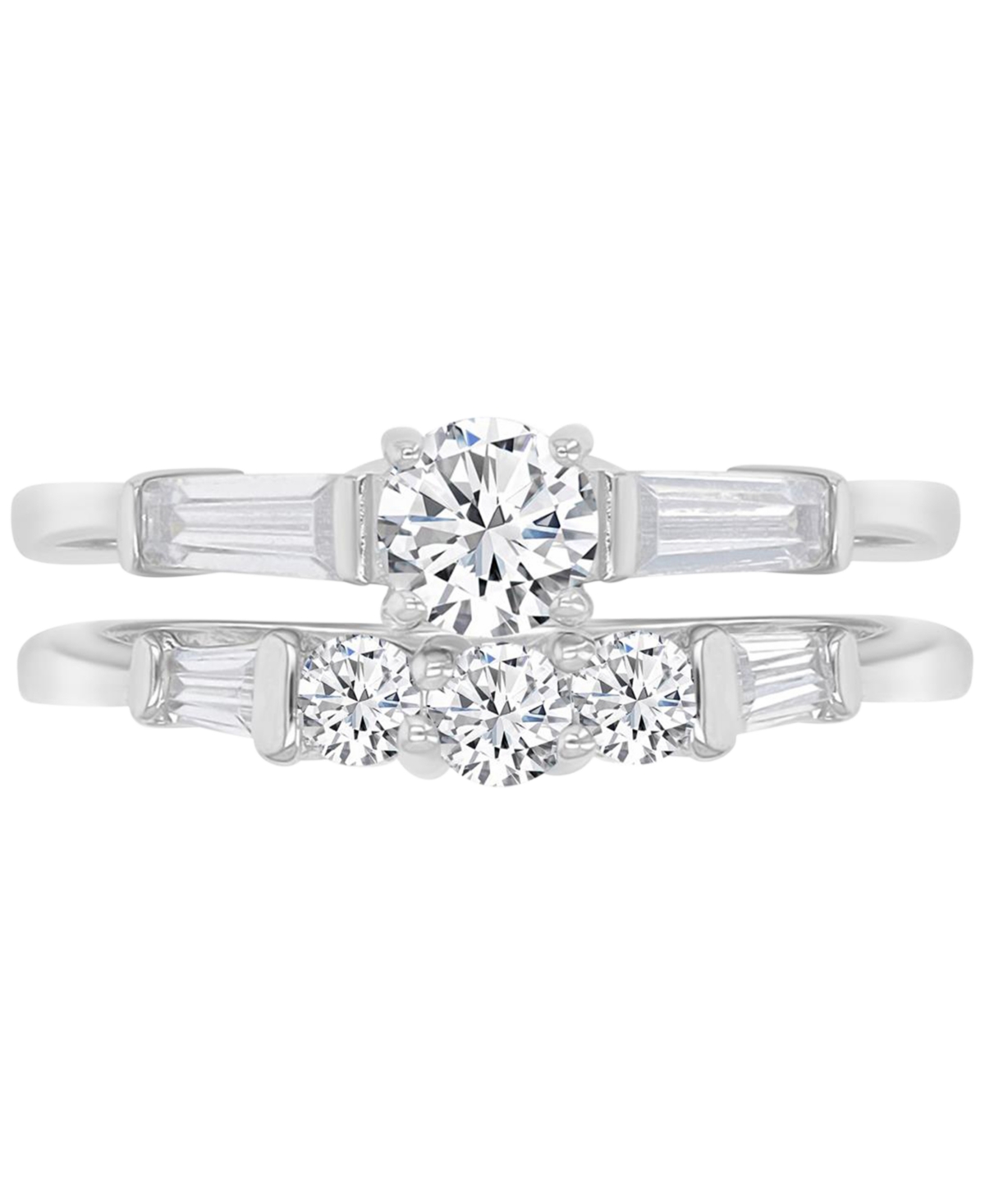 Macy's Cubic Zirconia Round & Baguette Promise Or Engagement Ring In Sterling Silver In Silver