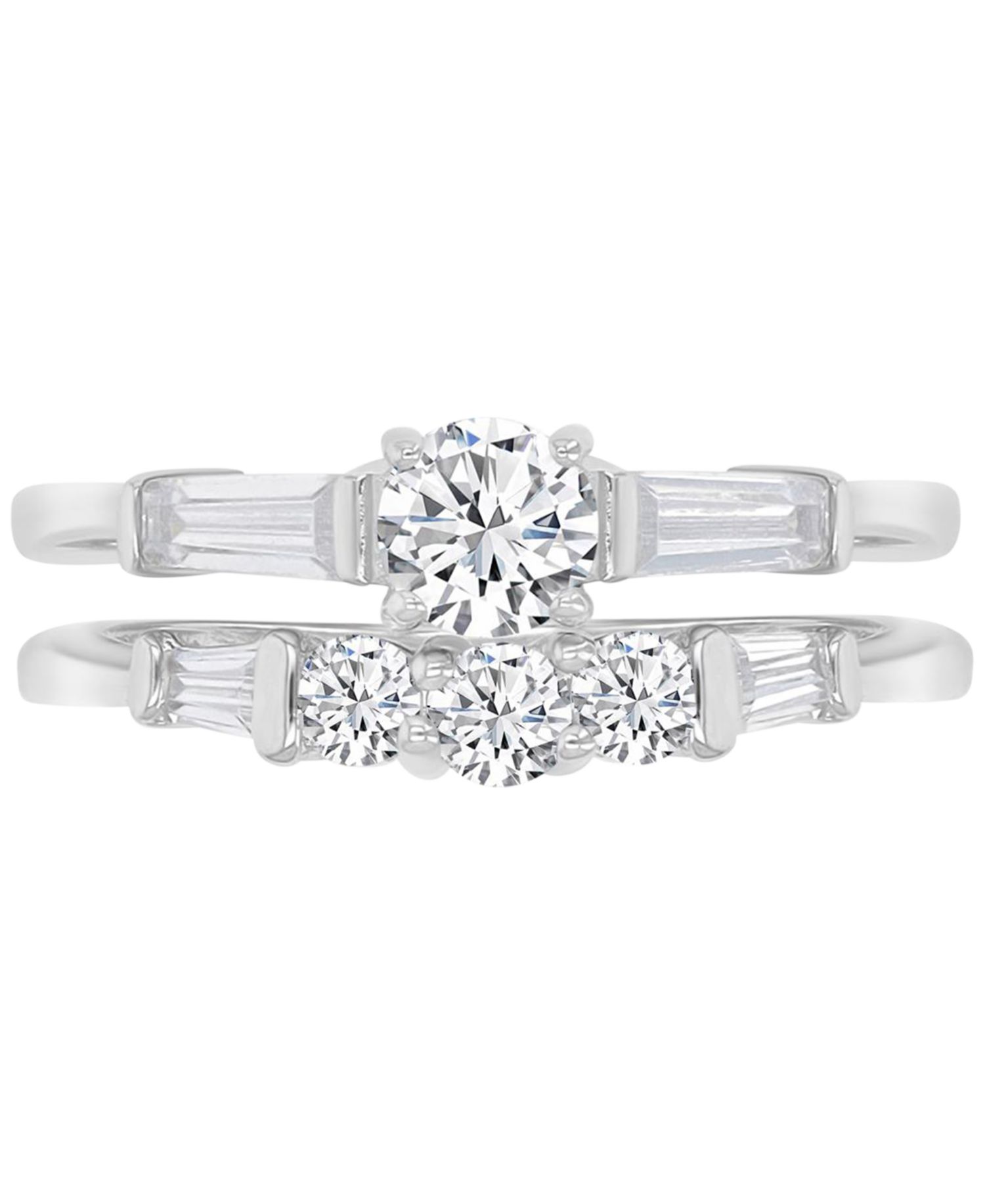 Cubic Zirconia Round & Baguette Promise or Engagement Ring in Sterling Silver