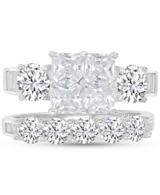 Cubic Zirconia Mixed Cut Quad Cluster Bridal Set in Sterling Silver