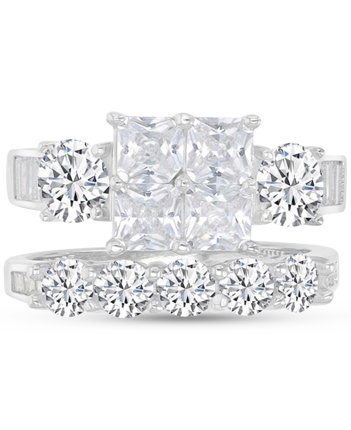 MACY'S CUBIC ZIRCONIA MIXED CUT QUAD CLUSTER BRIDAL SET IN STERLING SILVER 
