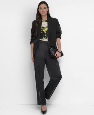 Womens Ponte Single Button Front Twill Blazer Printed Logo Crewneck Top Sateen Zip Hem Straight Leg Cargo Pants