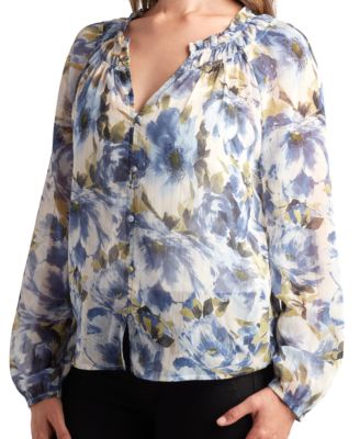 Juniors' Sheer-Print Long-Sleeve Button-Front Blouse 
