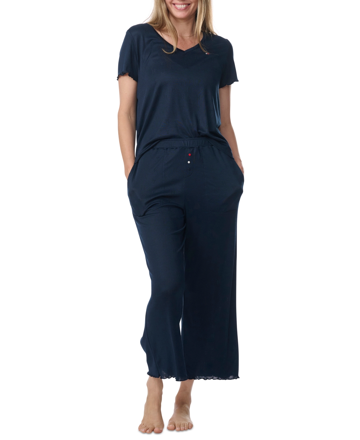 Tommy Hilfiger Women's 2-pc. Short-sleeve T-shirt & Wide-leg Cropped Pants Pajama Set In Sky Captain Pointelle